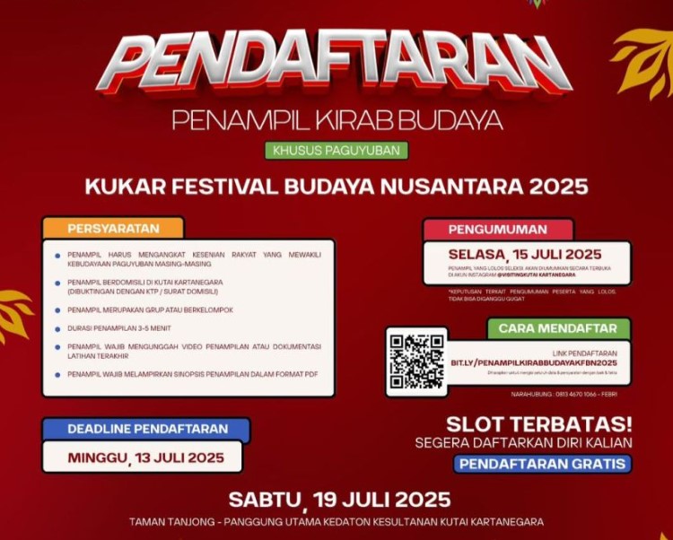 Foto : Pendaftaran untuk Kirab Budaya dalam rangkaian Kukar Festival Budaya Nusantara (KFBN) 2025 resmi dibuka Dispar Kukar. (Istimewa)